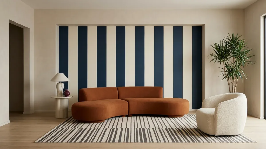 FunHaus-inspired living room with navy and cream stripes, curved rust sofa, and sculptural decor