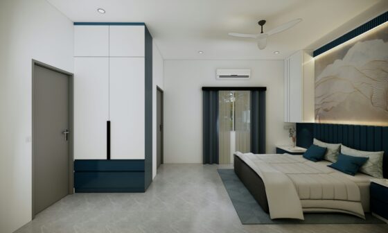 Modern bedroom with white and deep blue decor