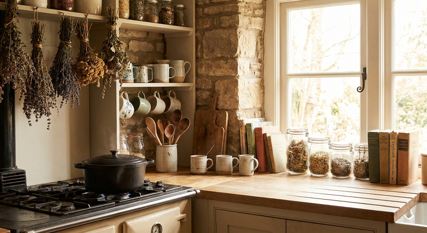 Cozy Kitchen Witch kitchen with herbs, tea, and rustic cookware