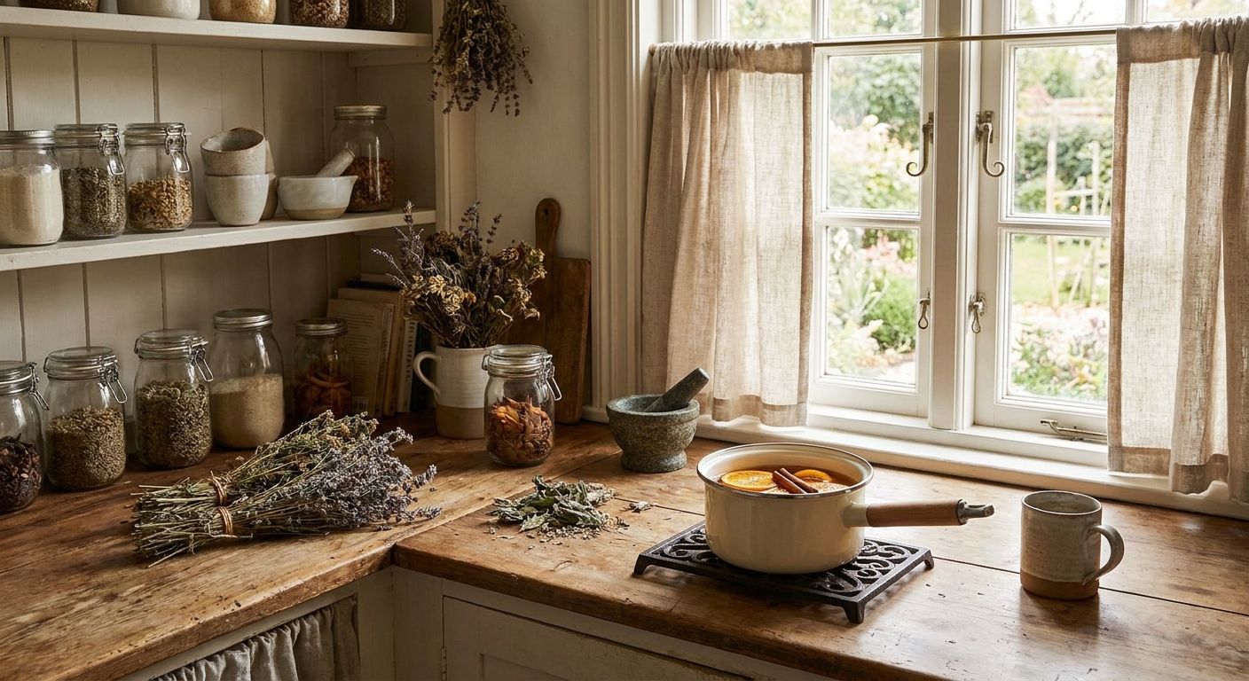 Kitchen Witch cozy kitchen scene with herbs and natural ingredients